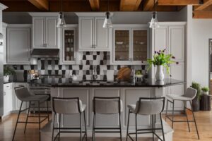 Professional kitchen design with checkerboard backsplash in Arlington and McLean areas
